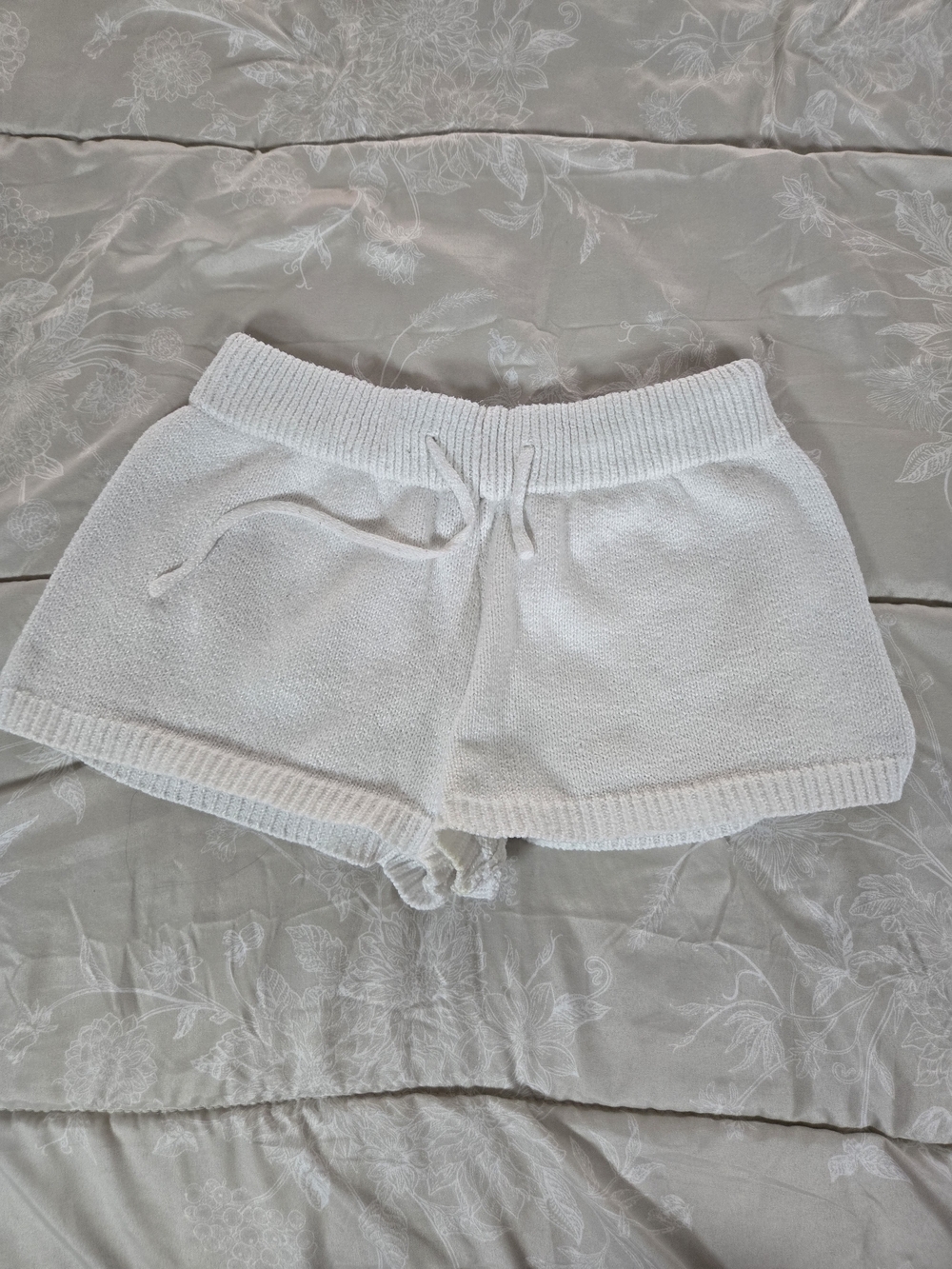 Cream White Knit Drawstring Lounge Shorts
